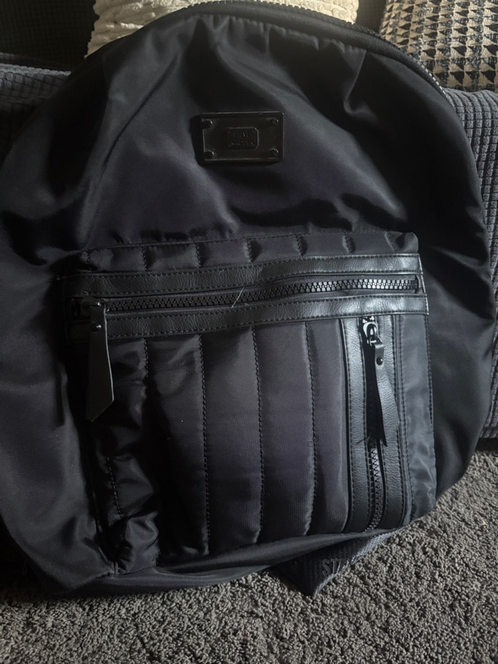 Steve Madden Black Quilted Nylon Backpack with Zip Front Pockets